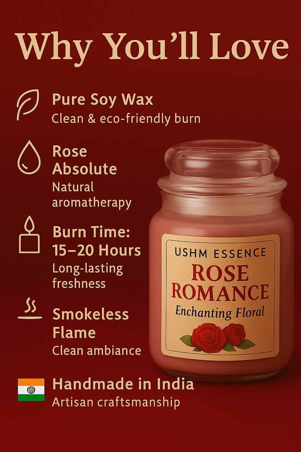 Rose Romance Scented Candle | Long-Lasting Floral Aroma | Ushm Essence Premium Candle
