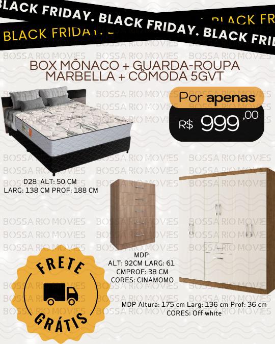 KIT QUARTO; CAMA BOX CASAL MÔNACO D28 + GUARDA ROUPA MARBELLA 06 PORTAS + CÔMODA 5 GAVETAS