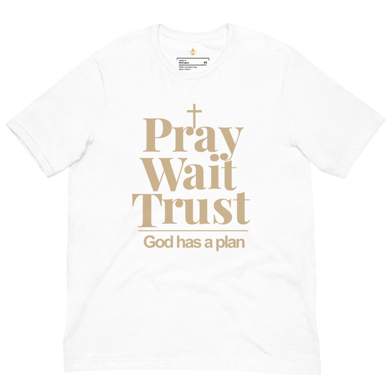Pray Wait Trust Christian T-Shirt, Faith Bible Verse Tee, Unisex Christian Apparel for Men & Women, Catholic Religious Gift