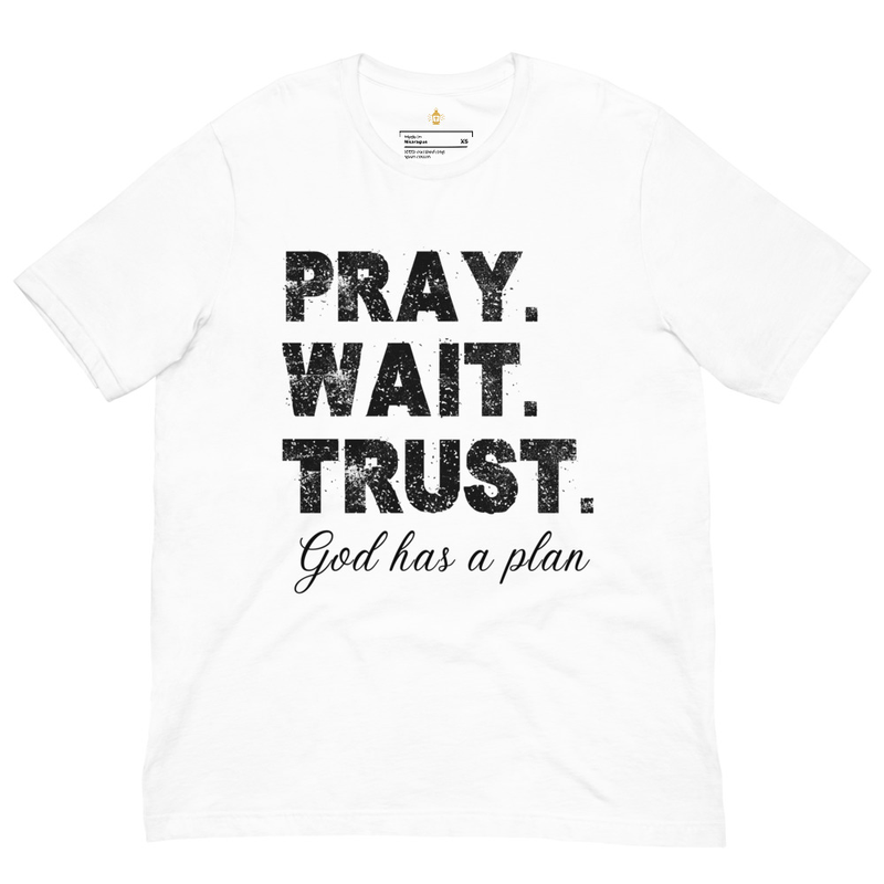 Pray Wait Trust Christian T-Shirt, Faith Bible Verse Tee, Unisex Christian Apparel for Men & Women, Catholic Religious Gift