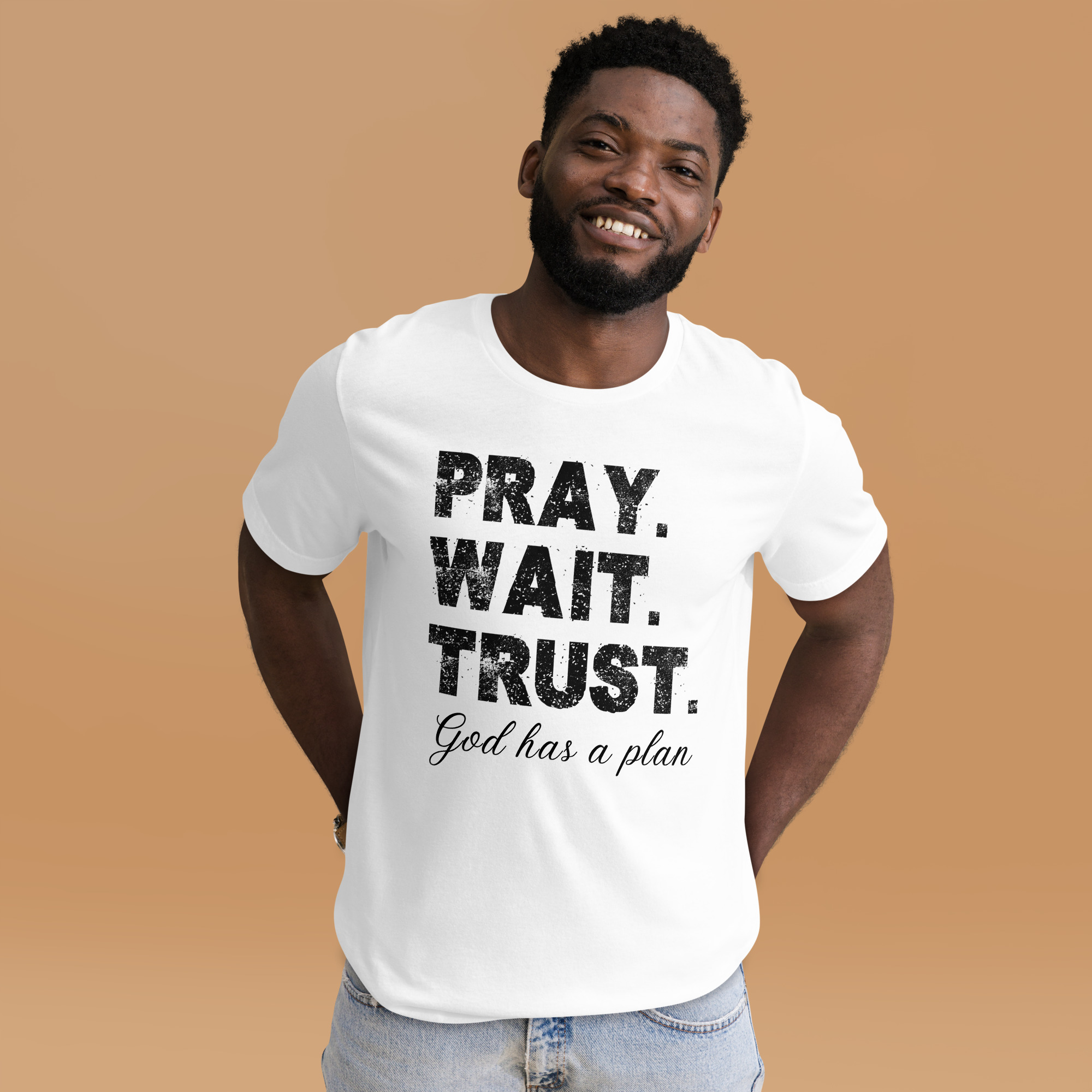 Pray Wait Trust Christian T-Shirt, Faith Bible Verse Tee, Unisex Christian Apparel for Men & Women, Catholic Religious Gift