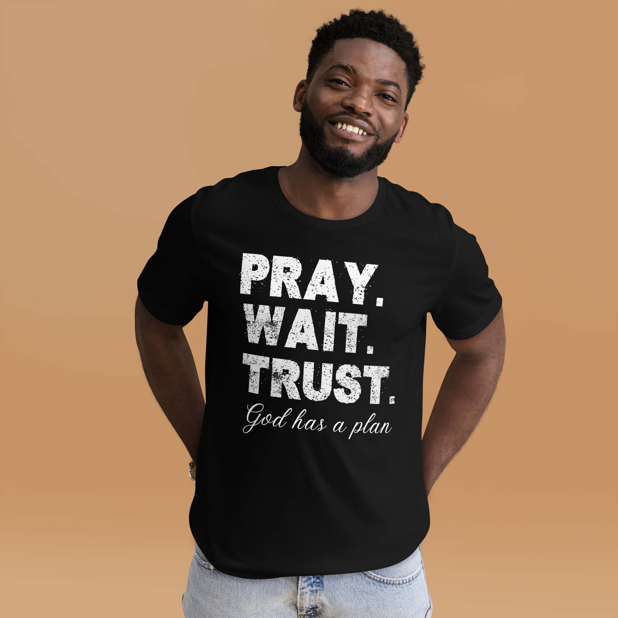 Pray Wait Trust Christian T-Shirt, Faith Bible Verse Tee, Unisex Christian Apparel for Men & Women, Catholic Religious Gift