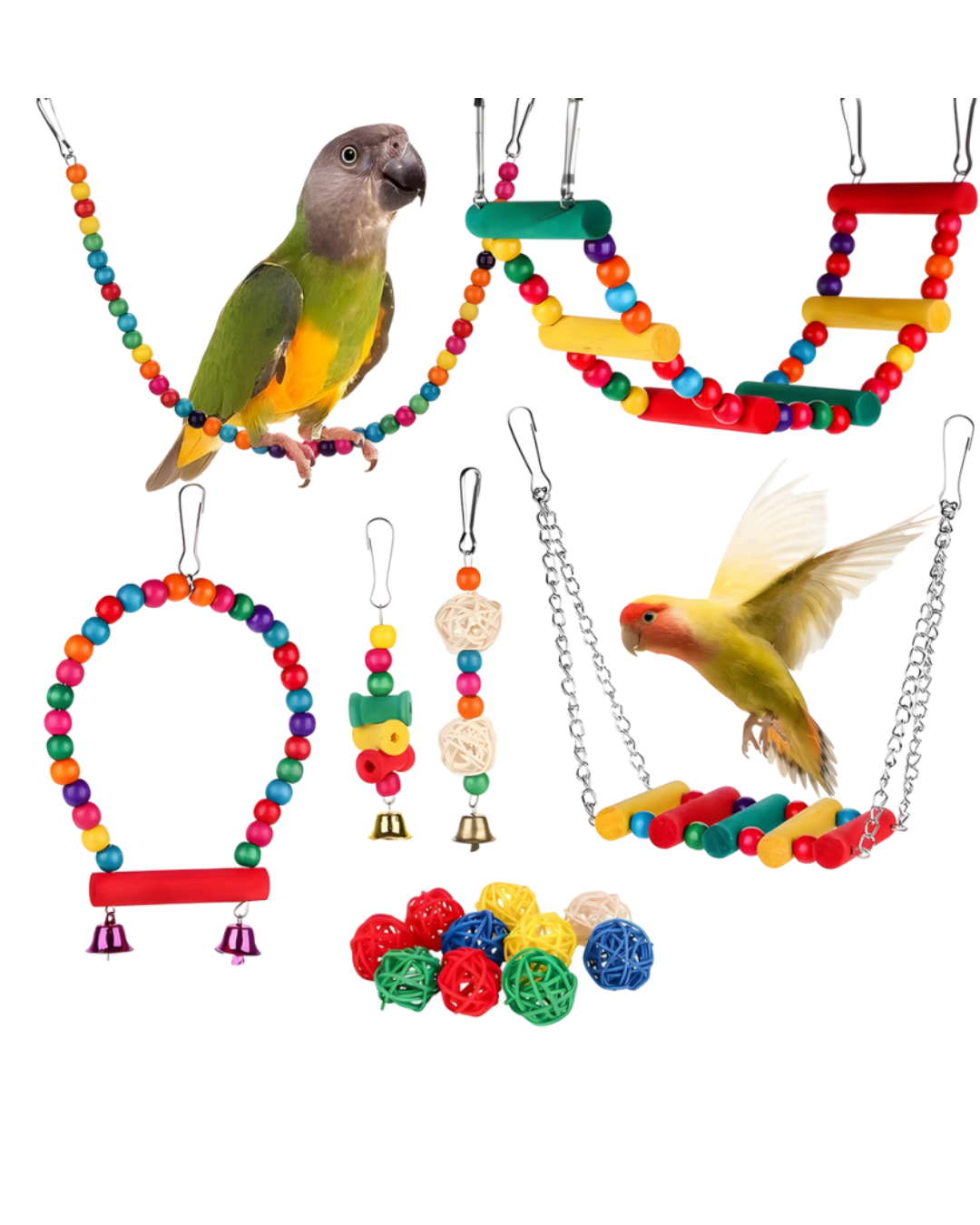 KIT JUEGOS PARA LORO N° 2 DE 6 PIEZAS + 10 PELOTITAS