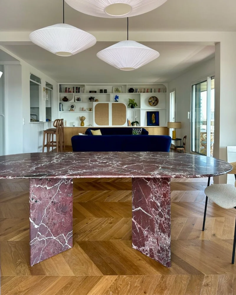 Table à manger oblongue en marbre rouge Rosso Levanto