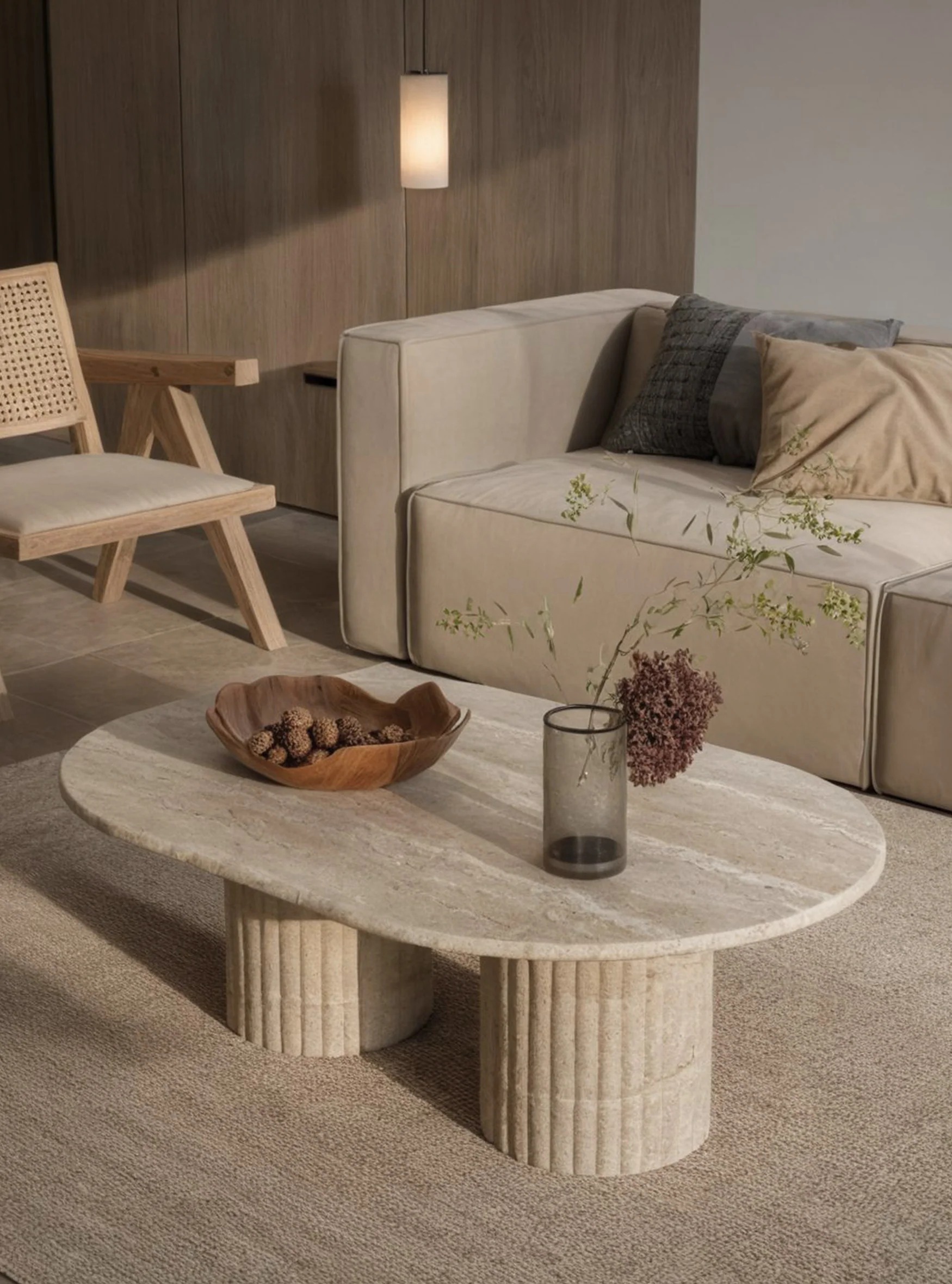 Fiora Table basse en travertin à base cannelée