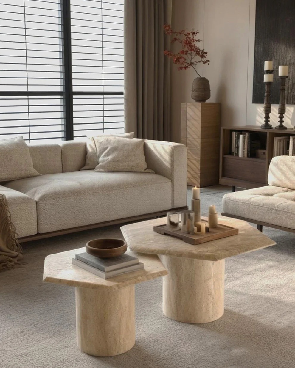 Duo Hexa Tables basses en travertin