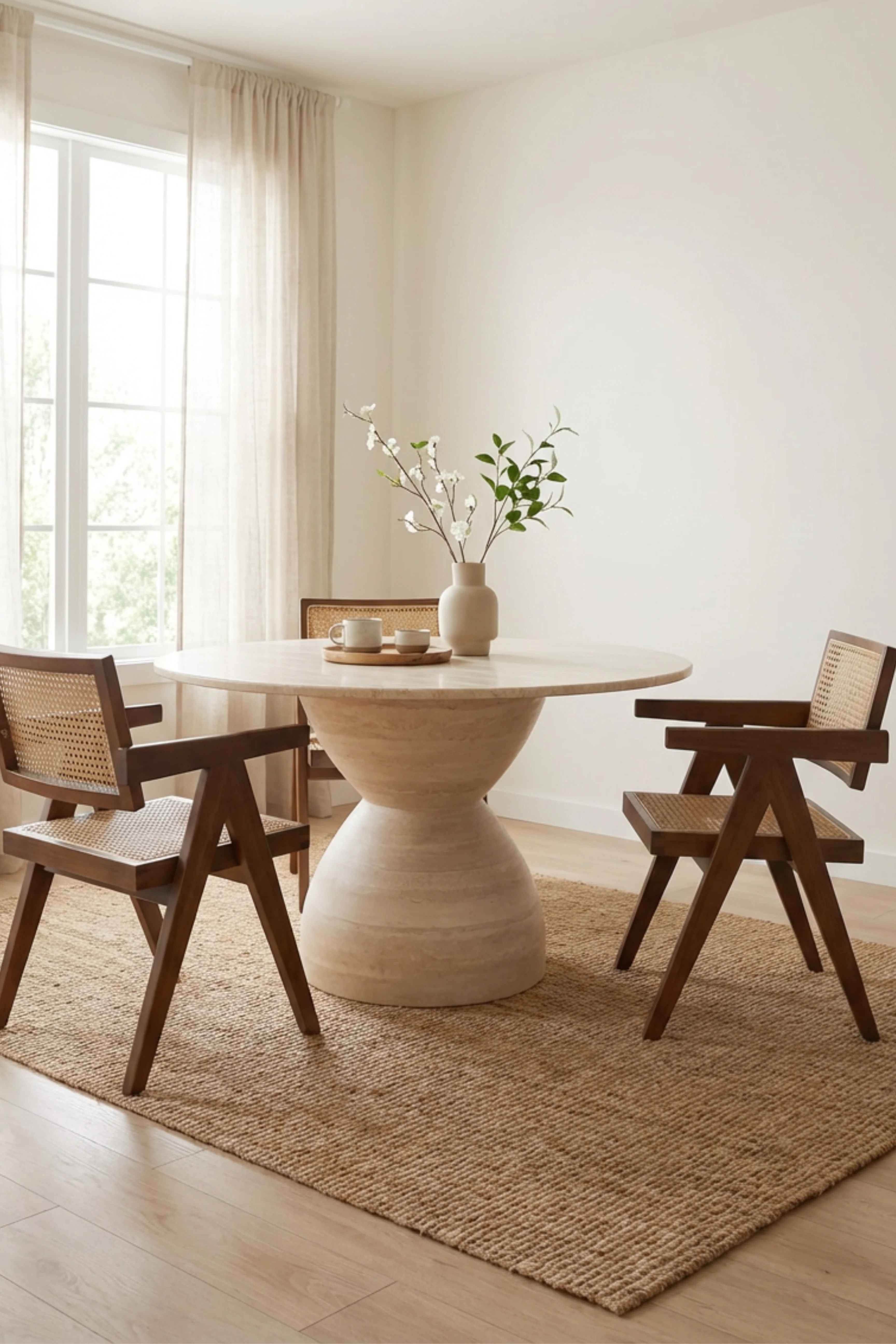 Table de salle à manger ronde en travertin à pieds en forme de sablier Zoey