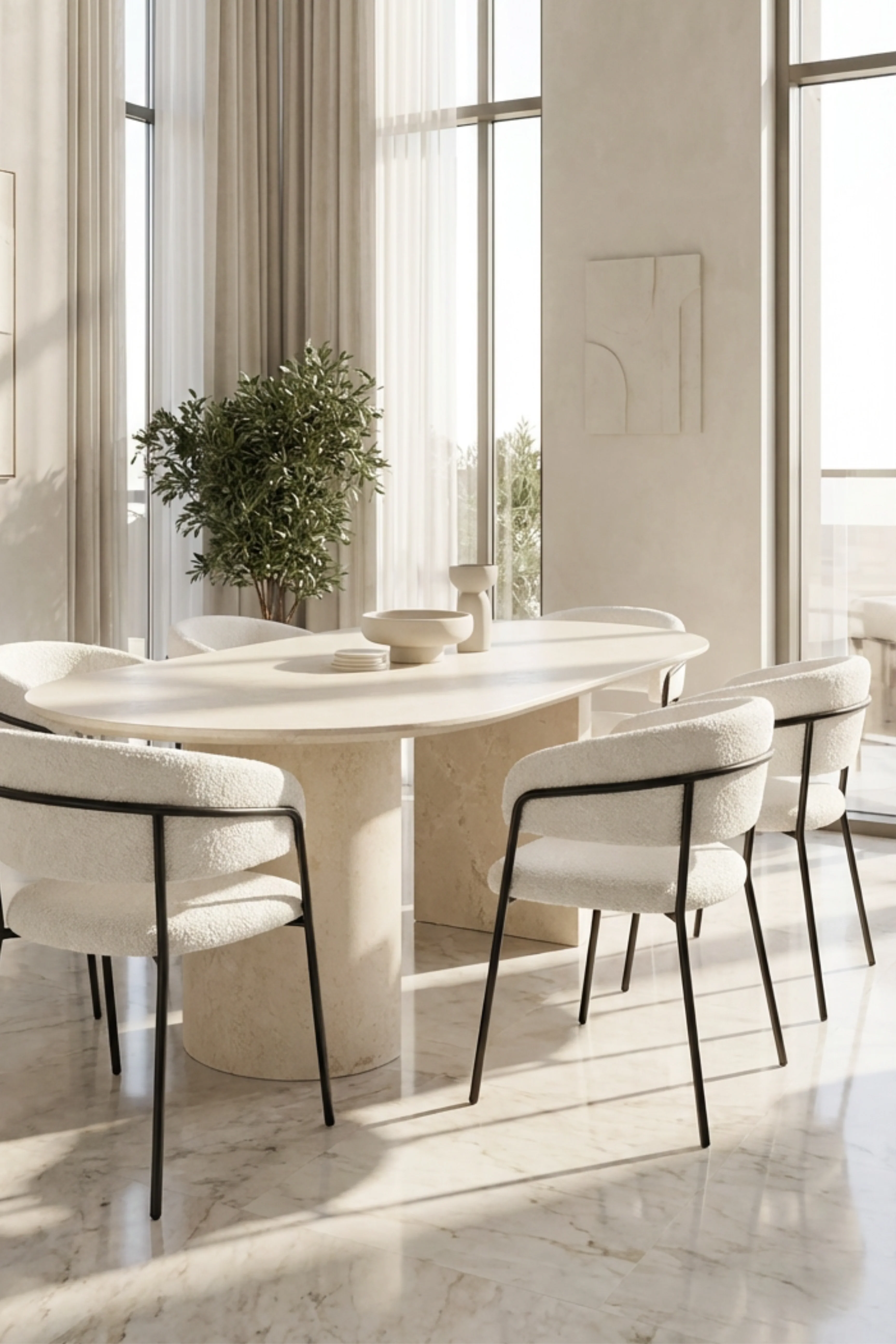 Table de salle à manger en travertin beige avec pieds en demi-lune