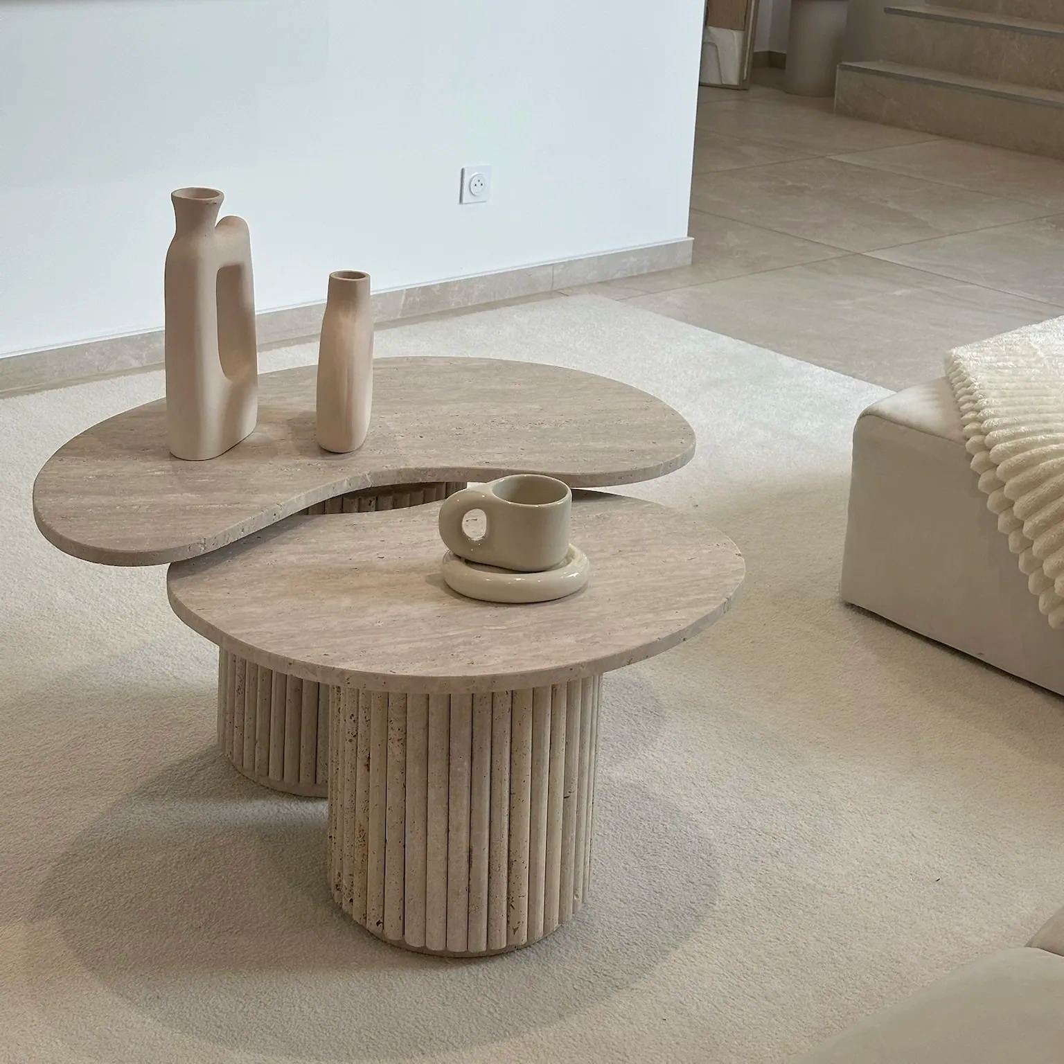 Tables Basses Duo en Travertin & Pieds en Bois