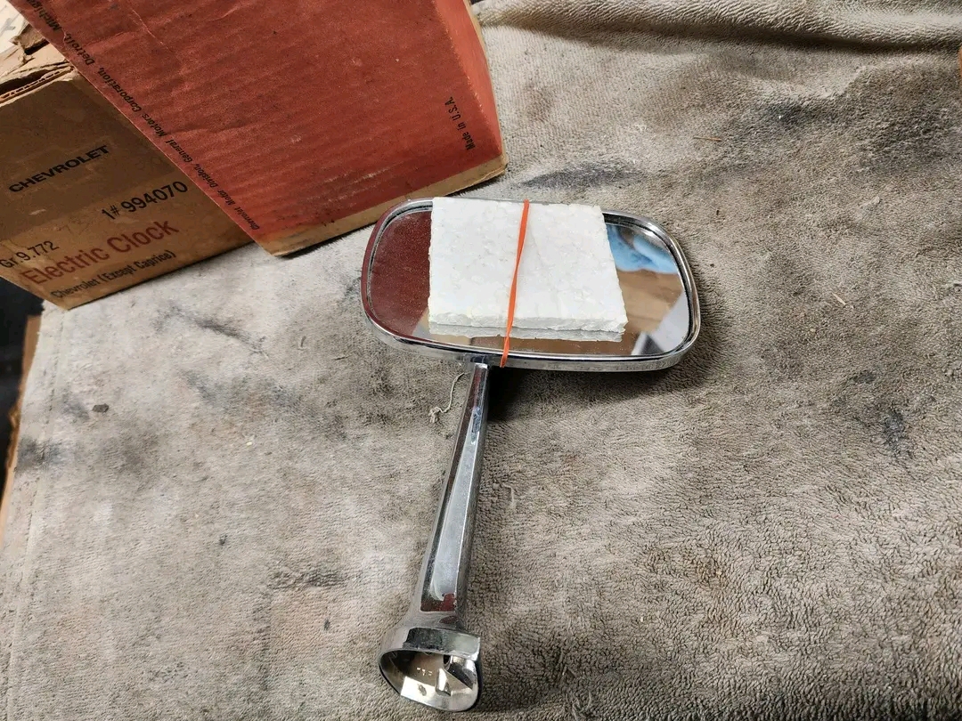 1973-1974 corvette passenger side mirror nos gm in the box with template and inserts and screw 