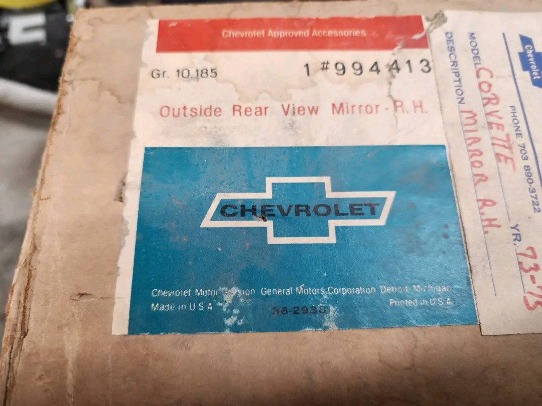 1973-1974 corvette passenger side mirror nos gm in the box with template and inserts and screw 