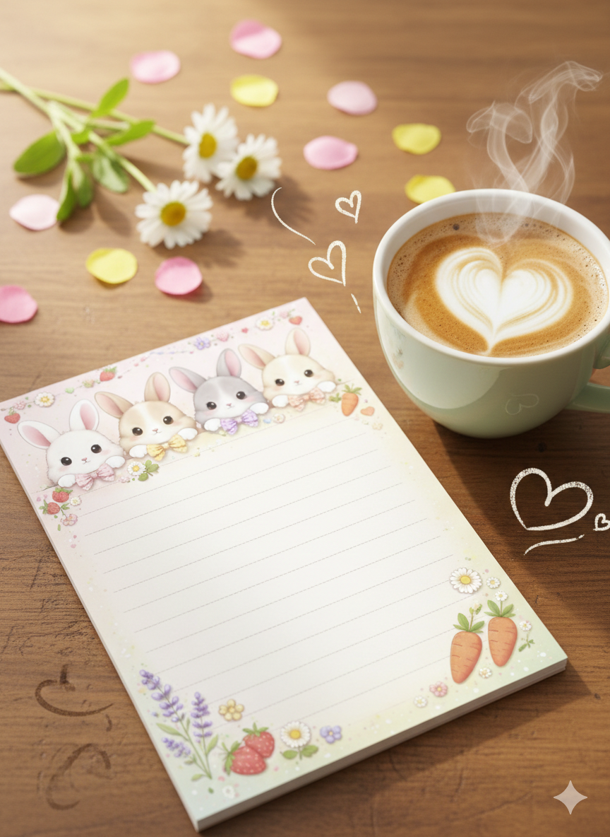 Bunny Garden Illustrated Notepad | Whimsical Floral Stationary