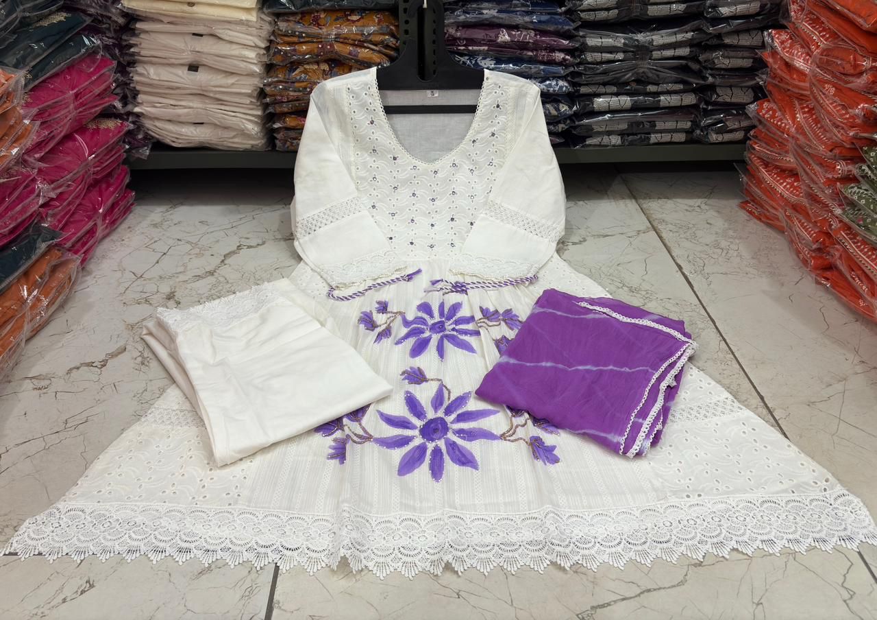 Trendy Cotton Schiffli Fabric Party Wear Suit