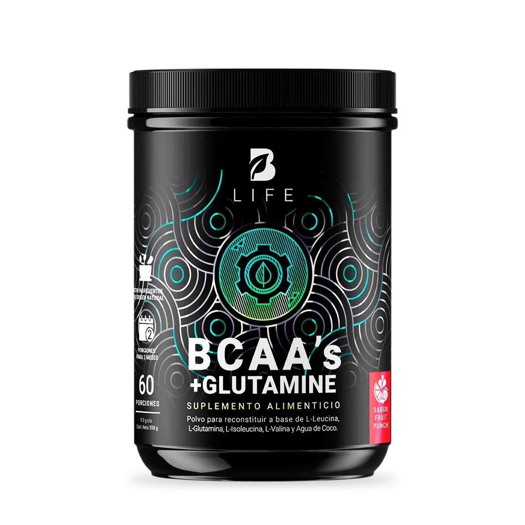 BCAAs con Glutamina en polvo | 558 gr | 60 Porciones | con Glutamina y Agua de Coco | Sabor Ponche de Frutas