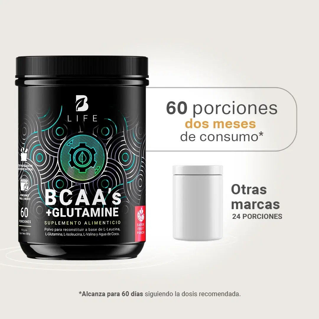 BCAAs con Glutamina en polvo | 558 gr | 60 Porciones | con Glutamina y Agua de Coco | Sabor Ponche de Frutas