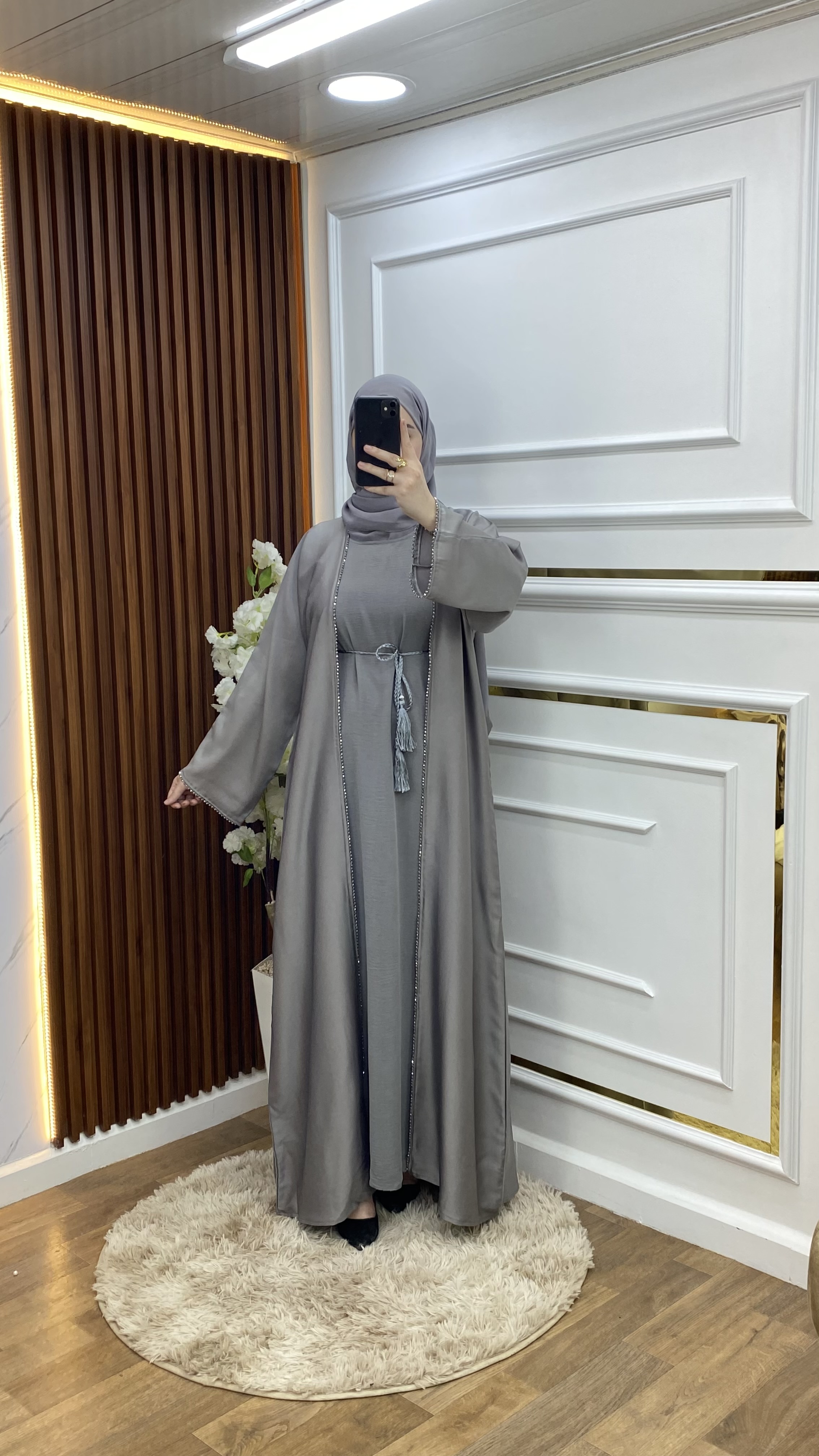Abaya avec Robe et Foulard Grise