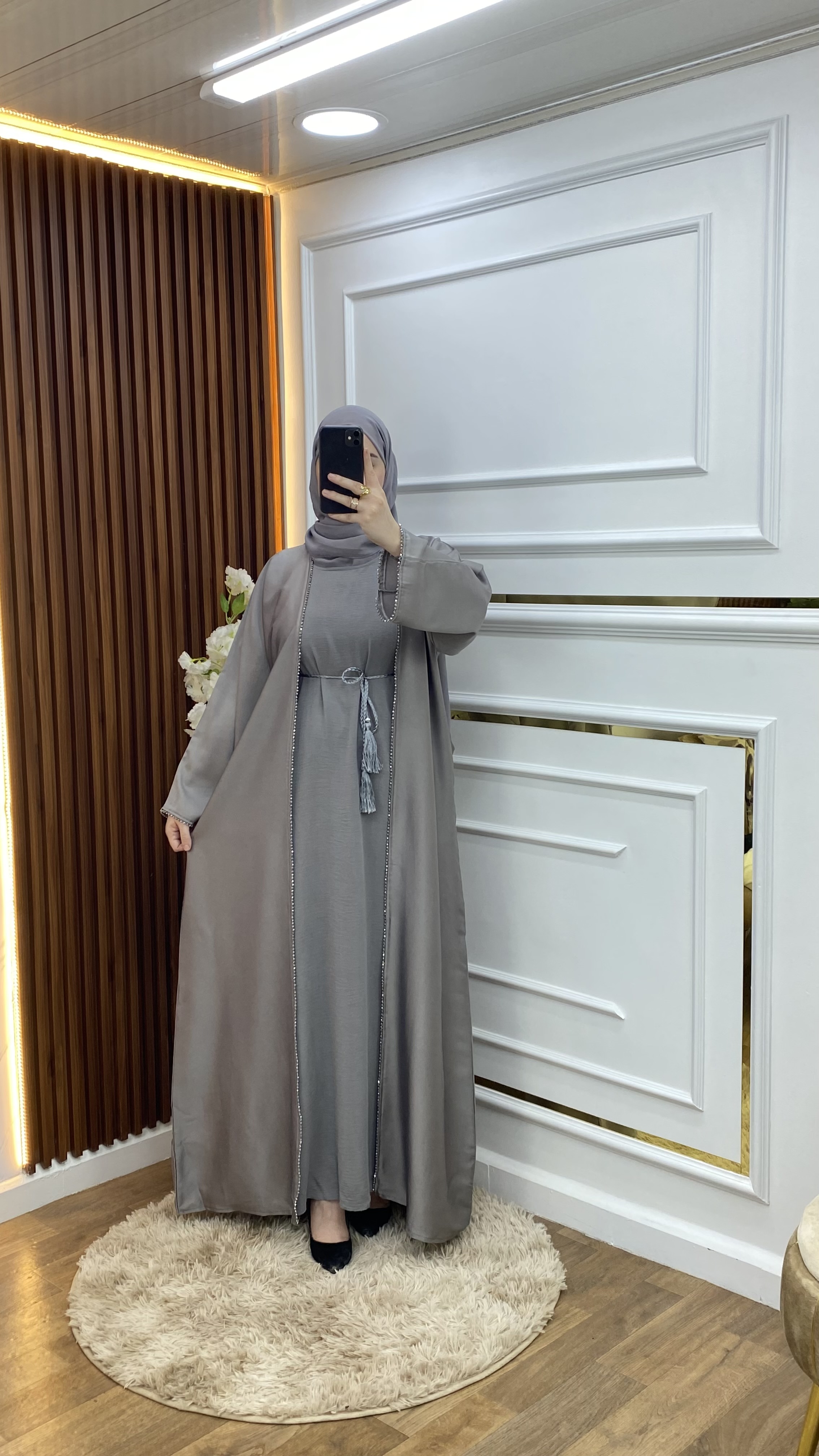 Abaya avec Robe et Foulard Grise