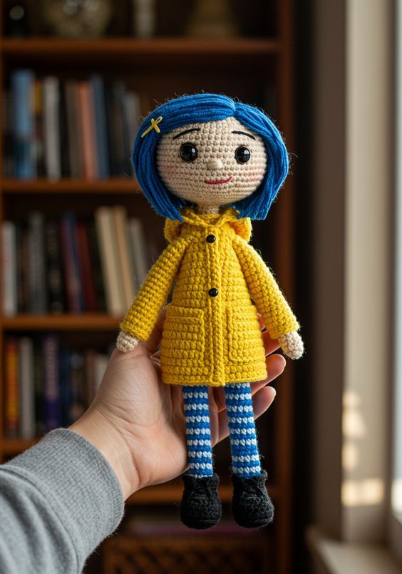 Boneca Coraline em Amigurumi - Casaco Amarelo