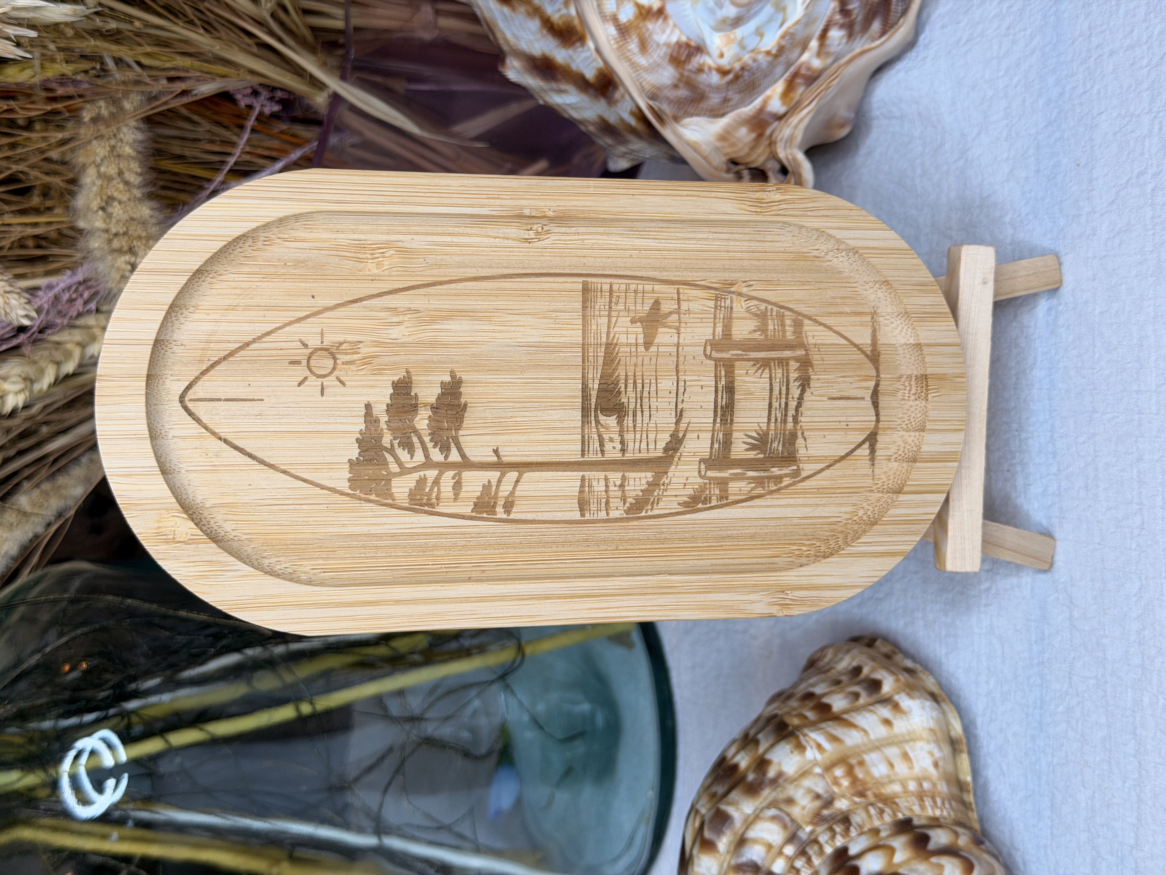 Tableau/Plateau gravé ovale Bambou - Planche de surf paysage - 20 cm