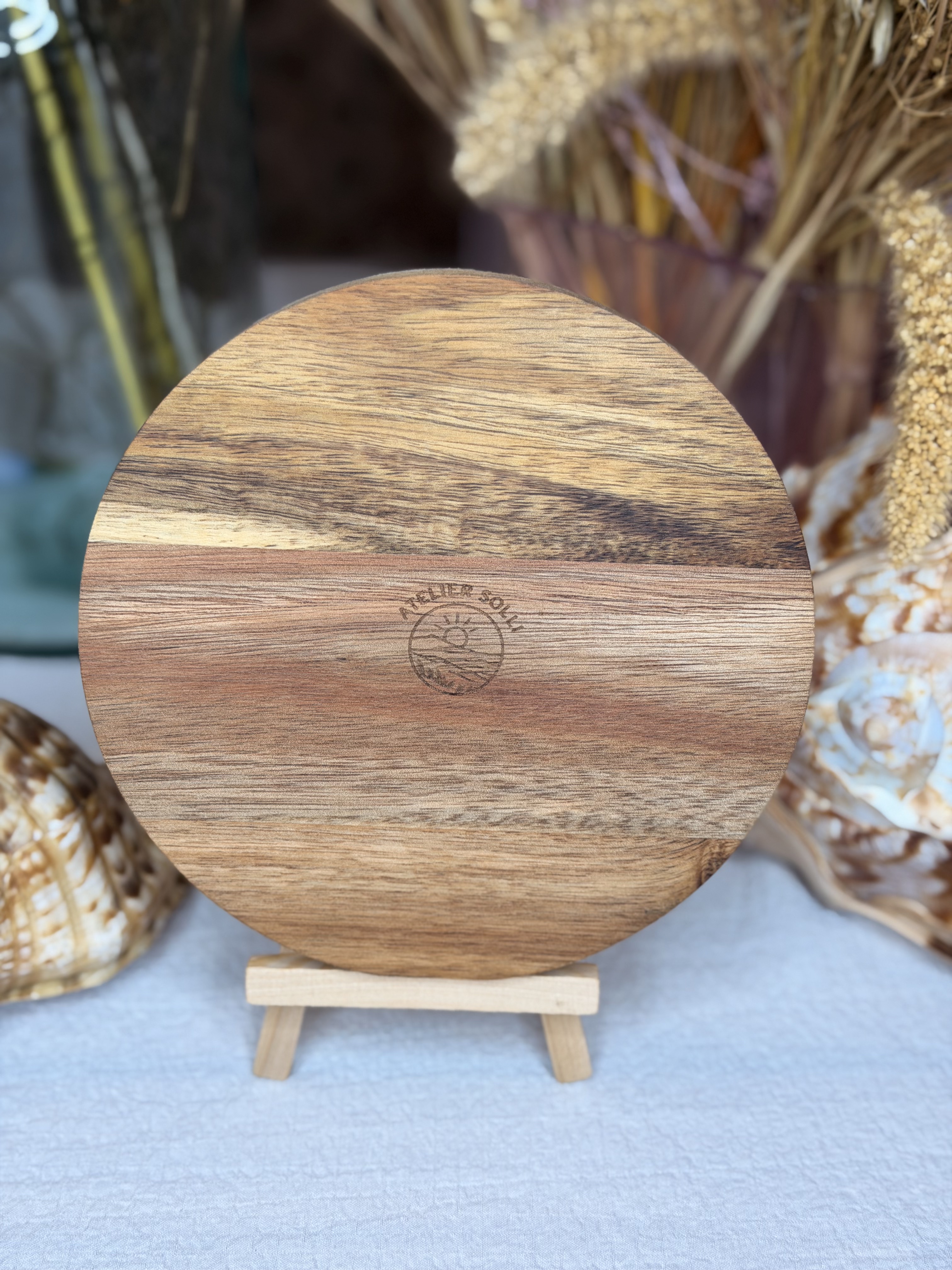 Tableau/Plateau gravé rond Acacia - Pins et dune - 15,5 cm