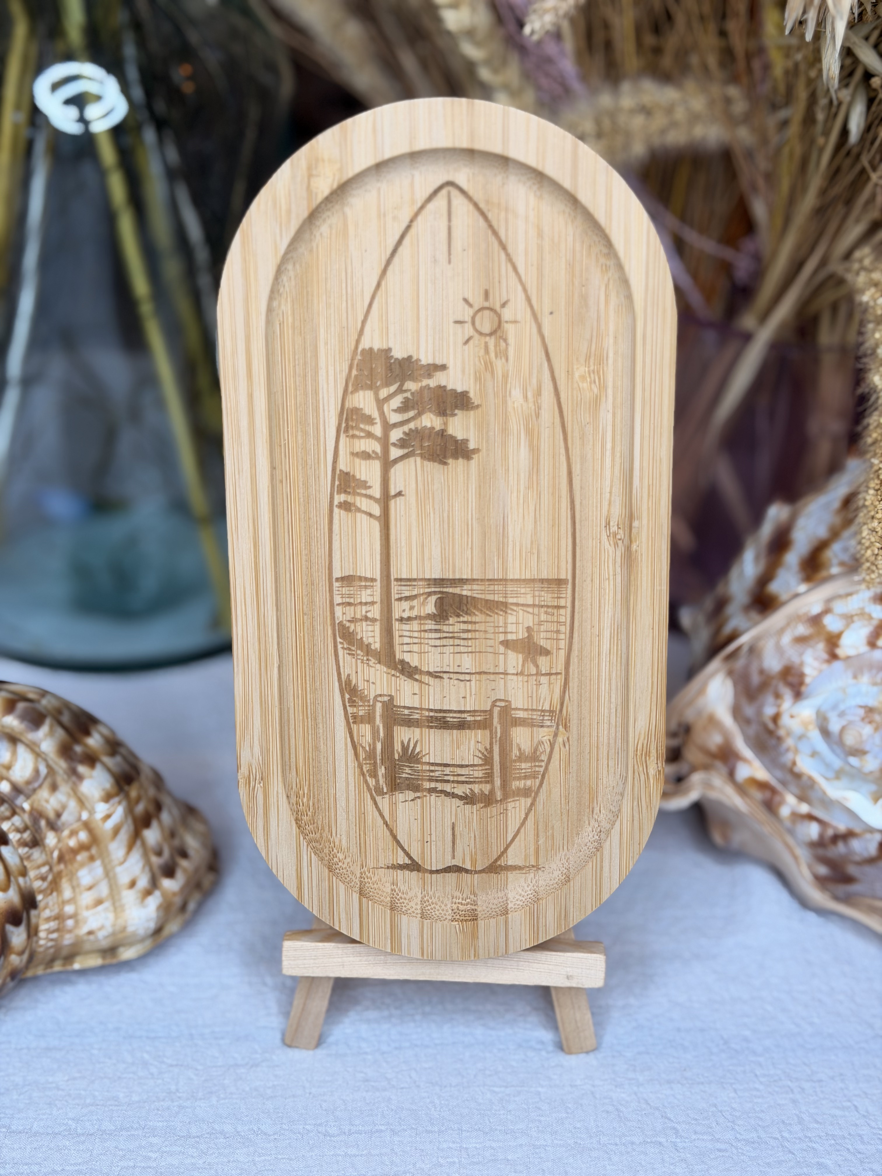 Tableau/Plateau gravé ovale Bambou - Planche de surf paysage - 20 cm
