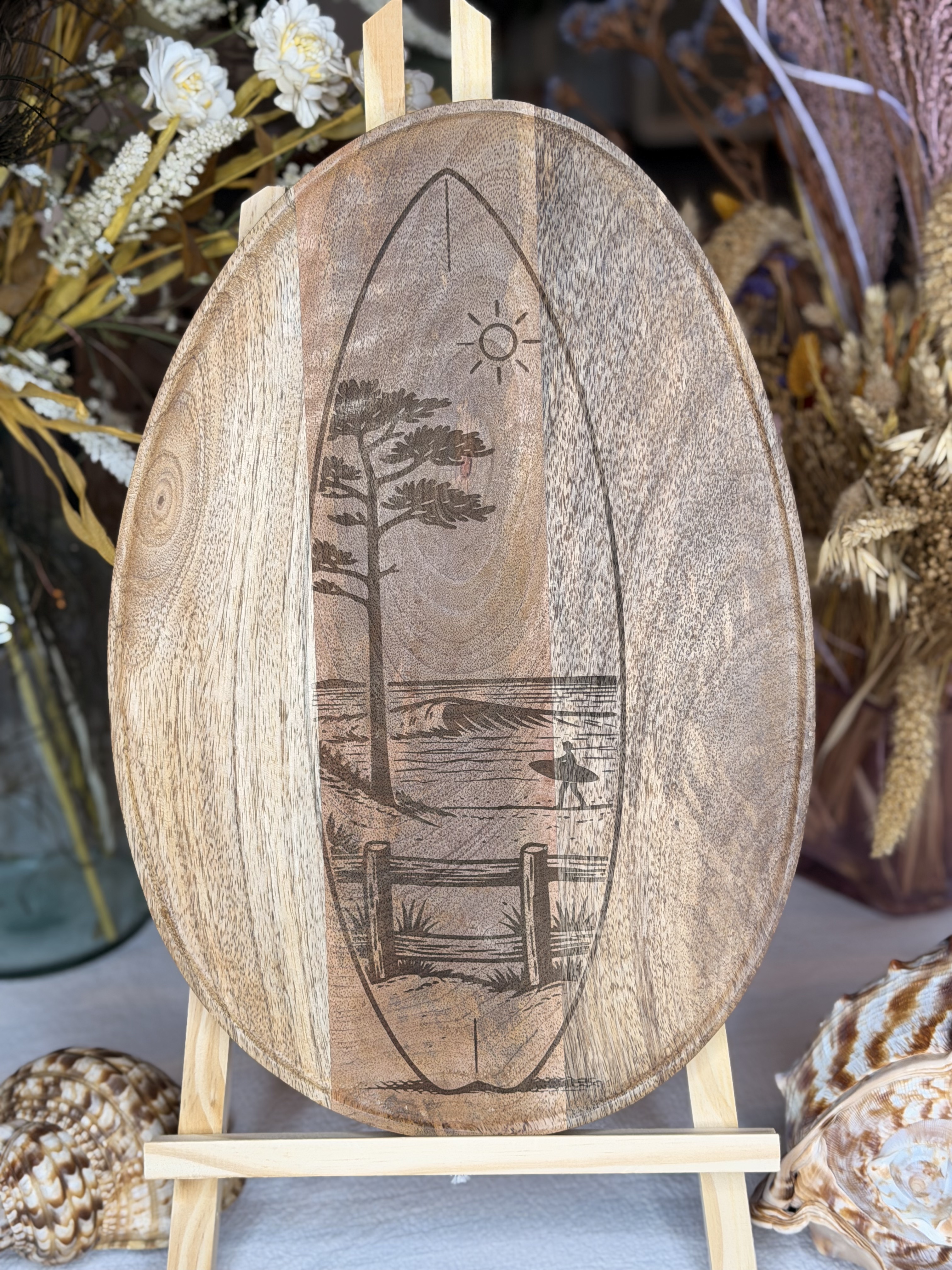 Plateau de service décoratif gravé - Manguier - Motif planche de surf paysage - 39 cm
