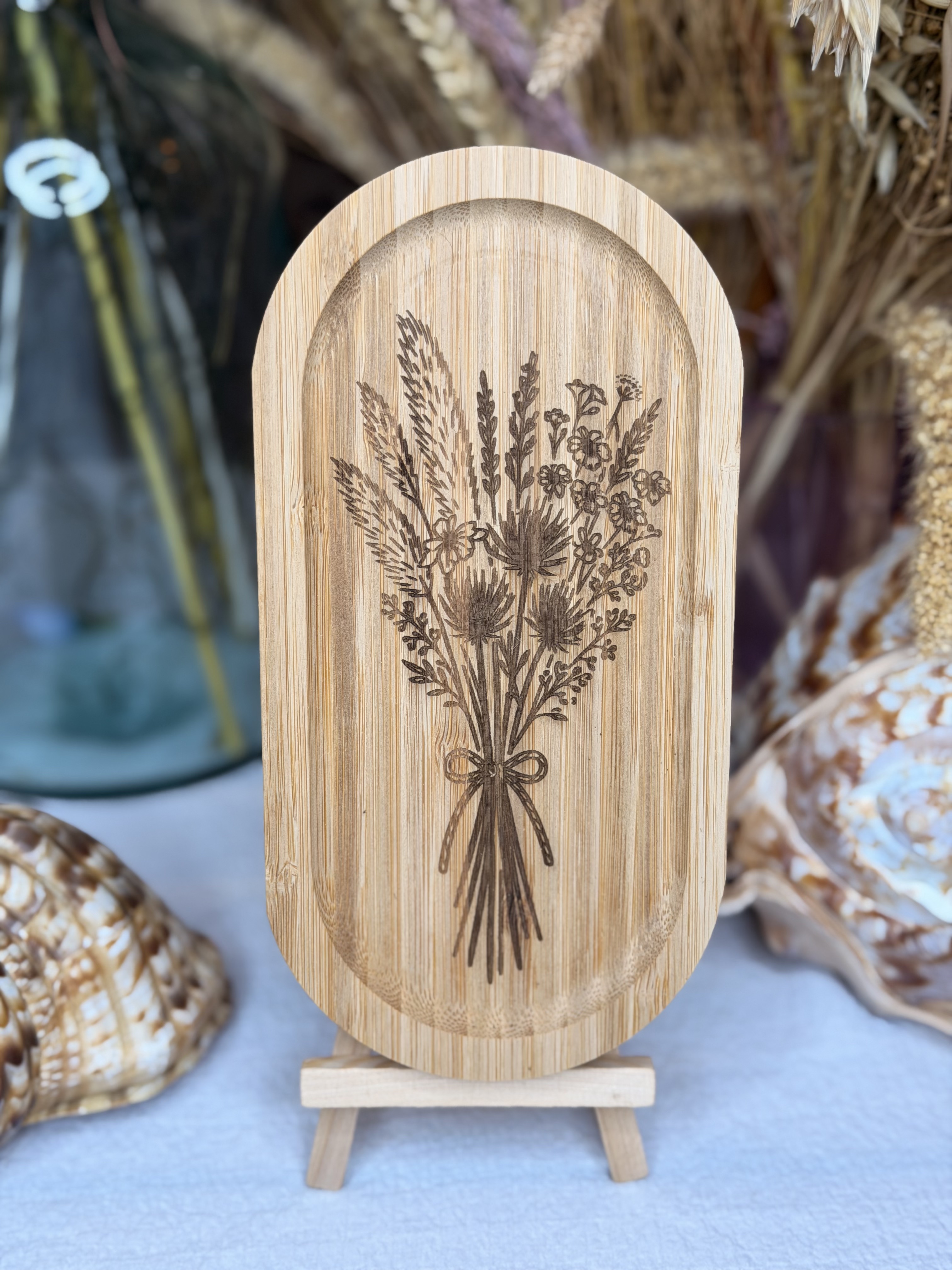 Tableau/Plateau gravé ovale Bambou - Fleurs séchées - 20 cm