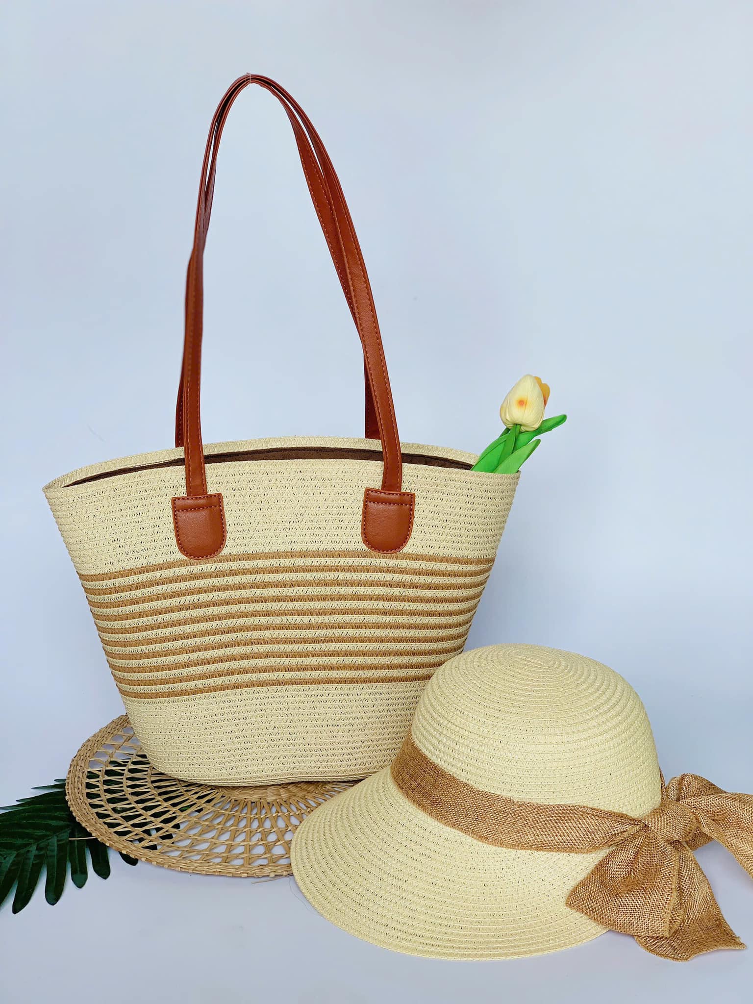 Straw Beach Bag and Sun Hat Set
