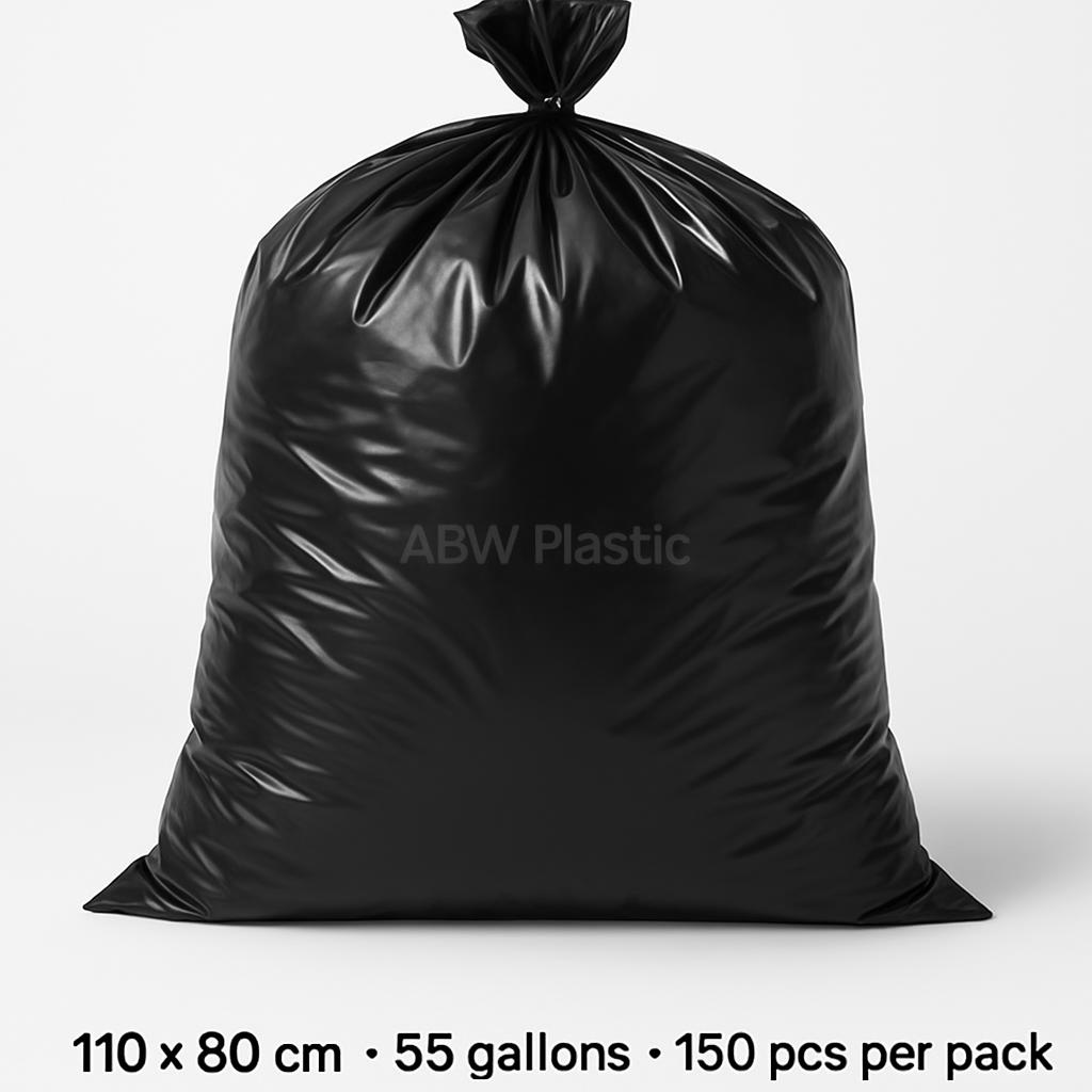 Heavy Duty Black Garbage Bag            80cm width x 110cm Height - Black - 55 Gallon 150 pcs per 20kg pack