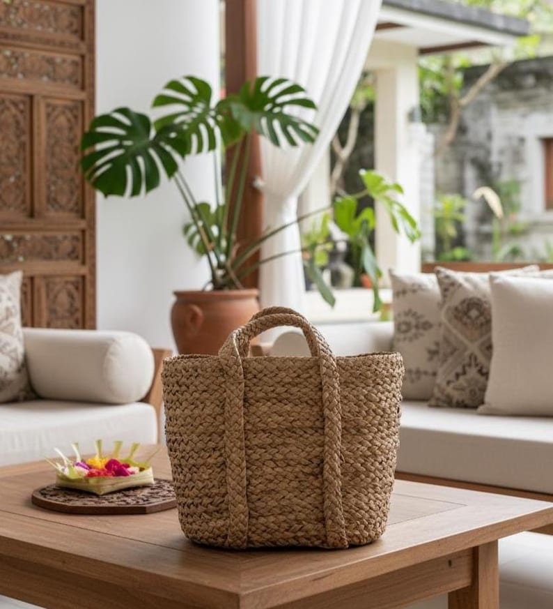 Handmade Seagrass Woven Bag: Boho Artisan Top Handle Tote