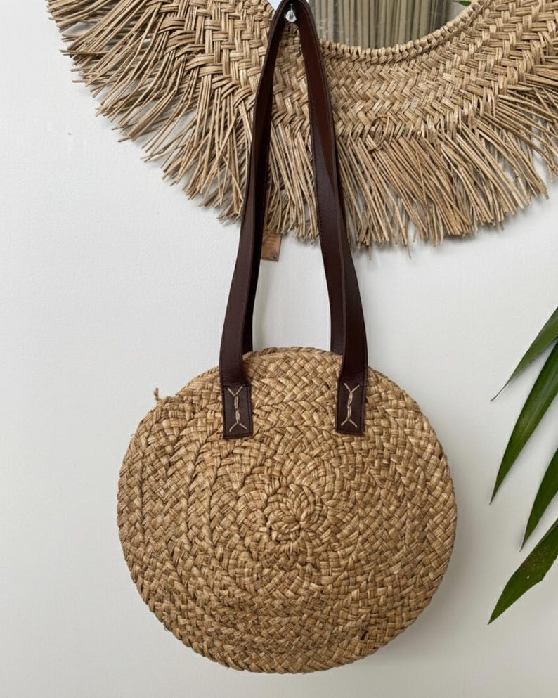Handwoven Mendong Tote Bag: Round Seagrass Shopper with Leather Handles