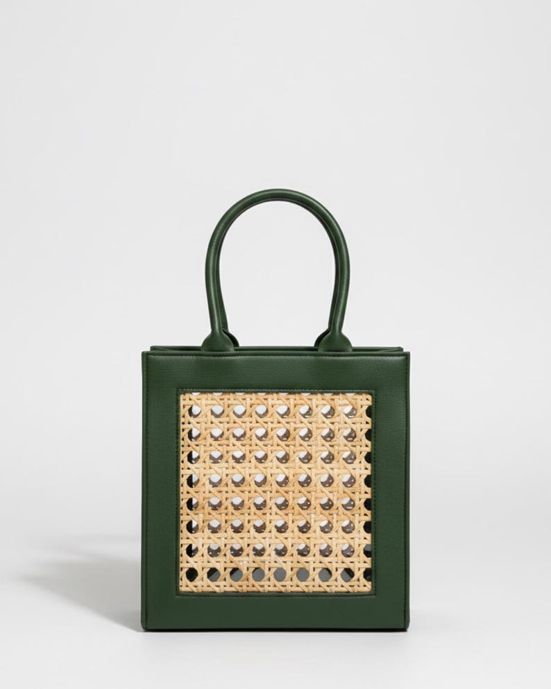 Bamboo & Green Leather Handle Bag: Bali Boho Sustainable Carry Bag