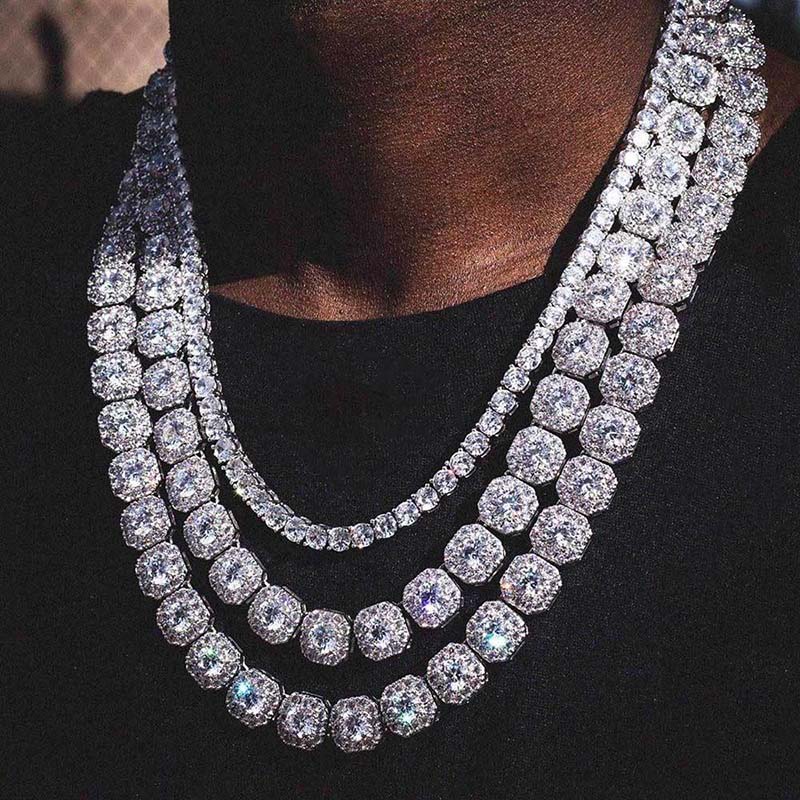 10mm*20inch Round Moissanite Baguette Necklace 925 Silver Hip Hop Chain