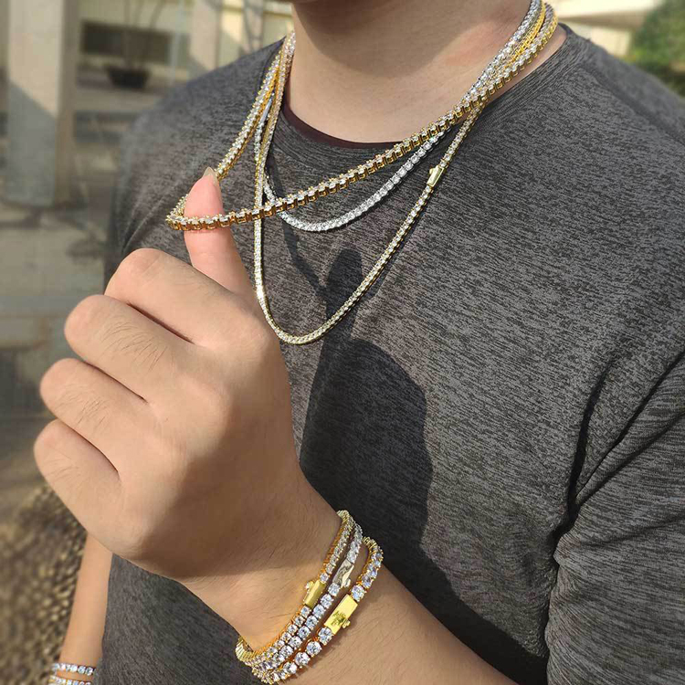 Brass 18k Gold Plated 4mm*22inch Box ClaspTennis Chain Necklace Hip Hop Jewelry