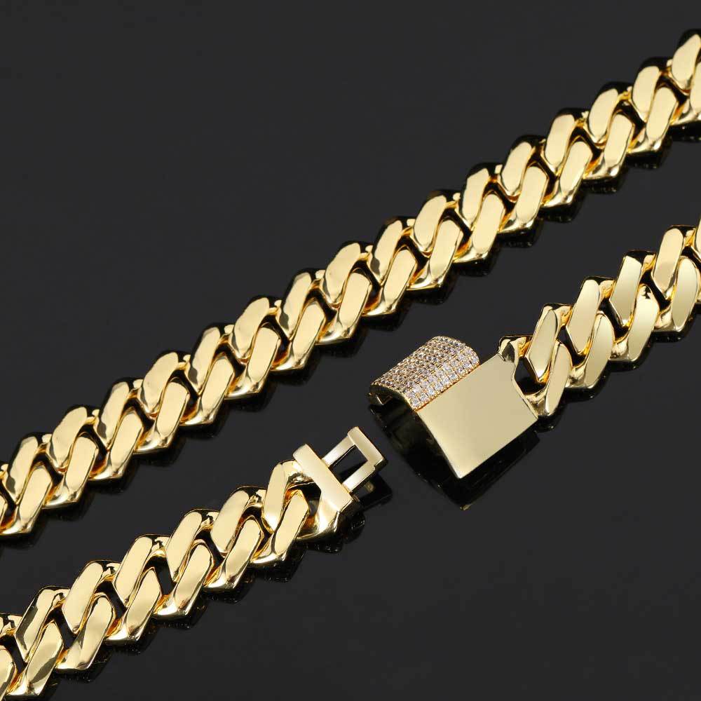 Brass 18k Gold Plated 14mm*22inch Box Clasp Prong Cuban Chain Necklace
