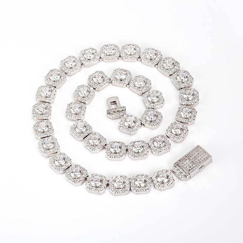 10mm*20inch Round Moissanite Baguette Necklace 925 Silver Hip Hop Chain
