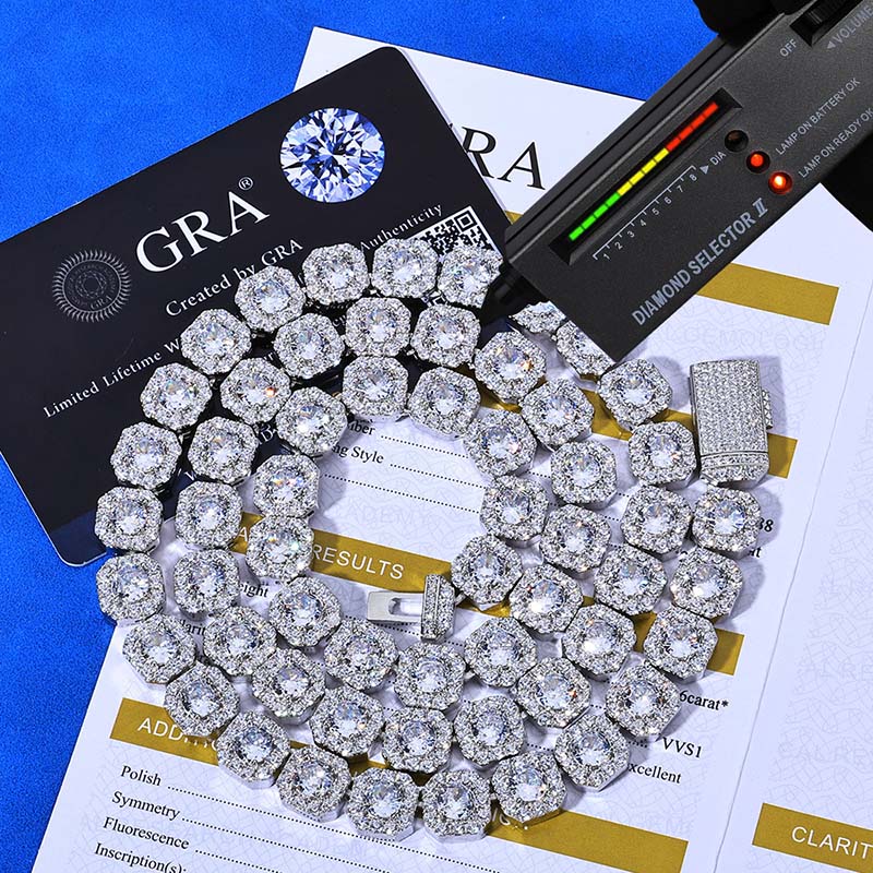 10mm*20inch Round Moissanite Baguette Necklace 925 Silver Hip Hop Chain