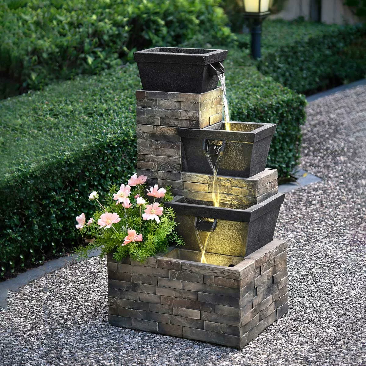 34.5" (86cm) Brick Tiered Outdoor Fountain with LEDs