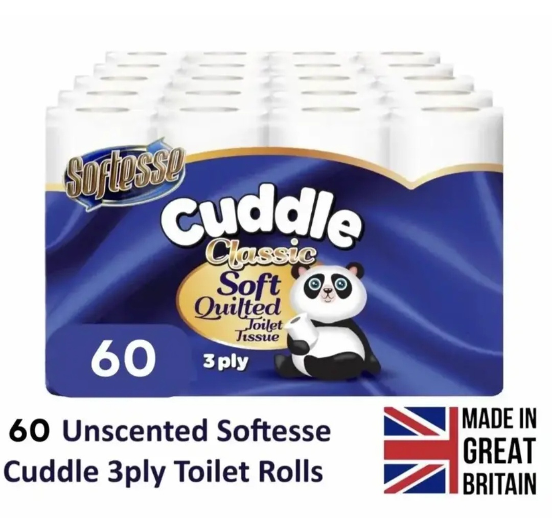 Panda Cuddle Classic 3 Ply 60 Rolls Luxury Quilted Soft Bathroom White Toilet Paper Tissue Loo Roll Value Pack Deal New Bathroom Tissue