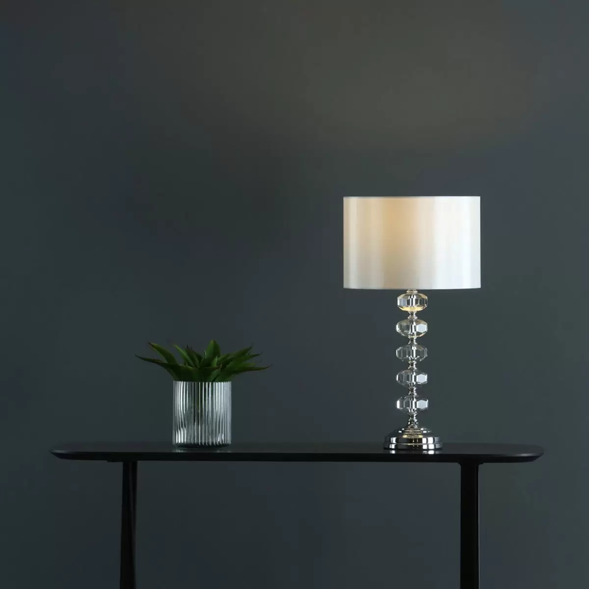 Oleana Polished Chrome Glass Crystal Table Lamp with Ivory Shade