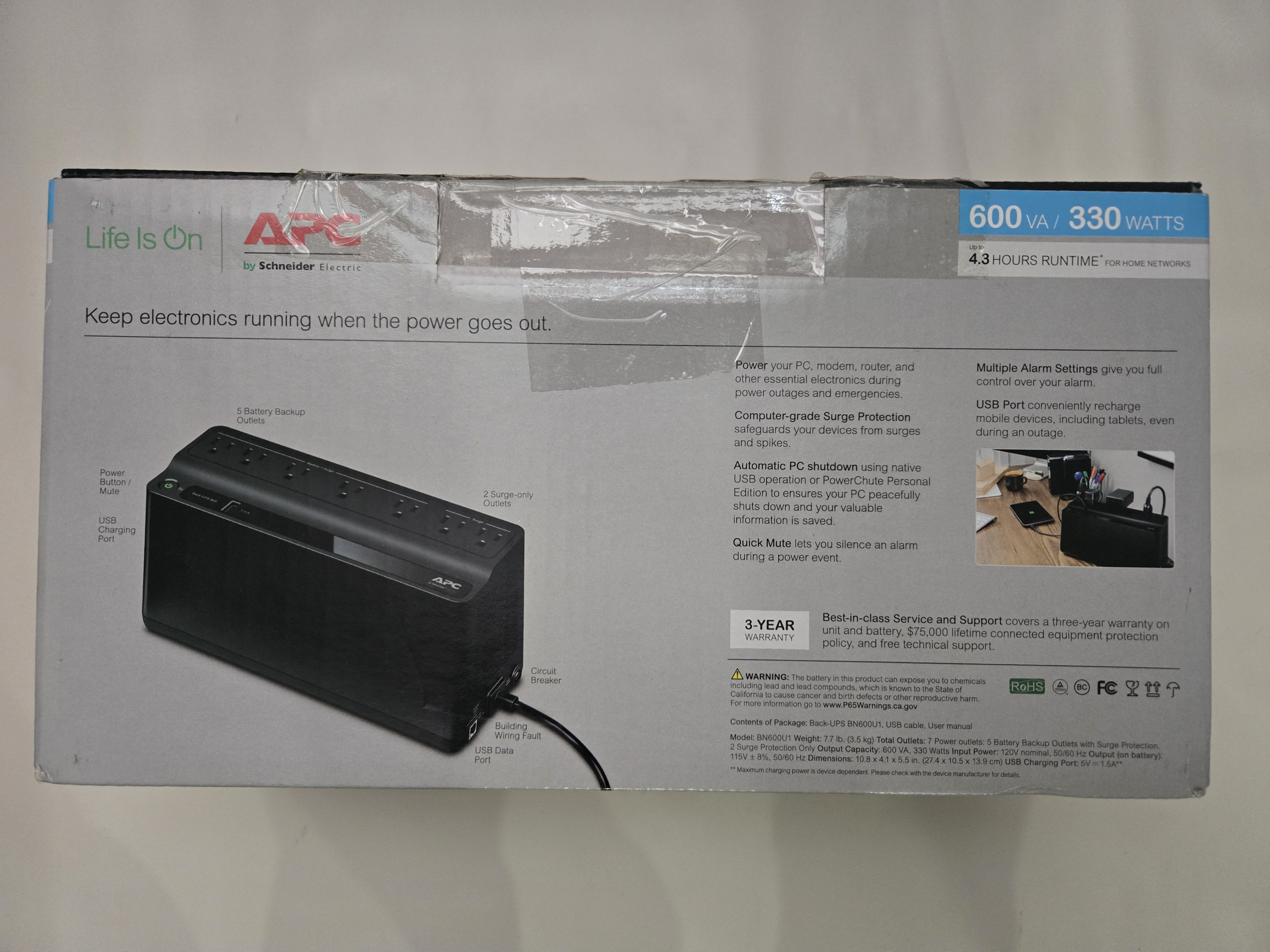 APC Back-UPS 600VA, 120V, 1 USB charging port, 7 NEMA outlets (2 surge)