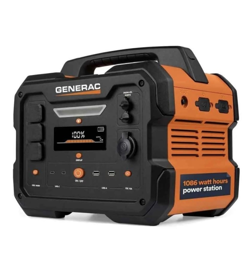 Generac 1600W Output / 3200 Peak 1086Wh Portable Battery Power Station with Push Button Start and Solar Charging - GB1000