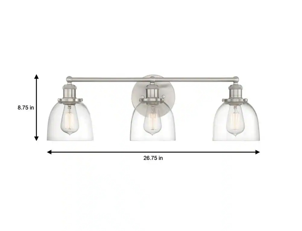 Evelyn 26.75 in. 3-Light Brushed Nickel Vanity Light with Clear Glass Shades