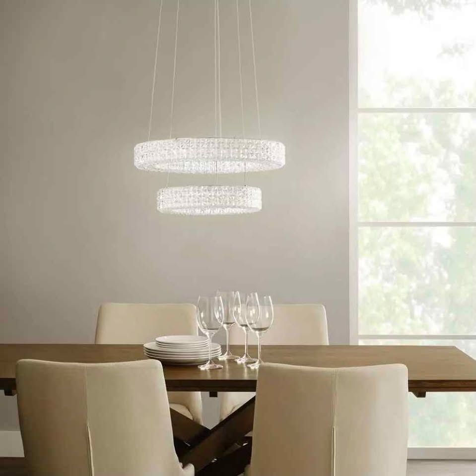 Wesley Park 150-Watt Integrated LED Chrome Pendant Hanging Light with Clear Round Acrylic Ring Shades
