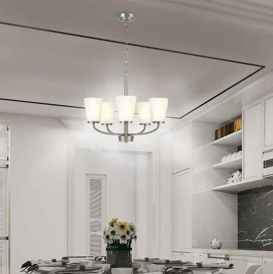 Hampton Bay Helena 21 in 5-Light Brushed Nickel Hanging Chandelier with Frosted Glass Shades for Dining Room