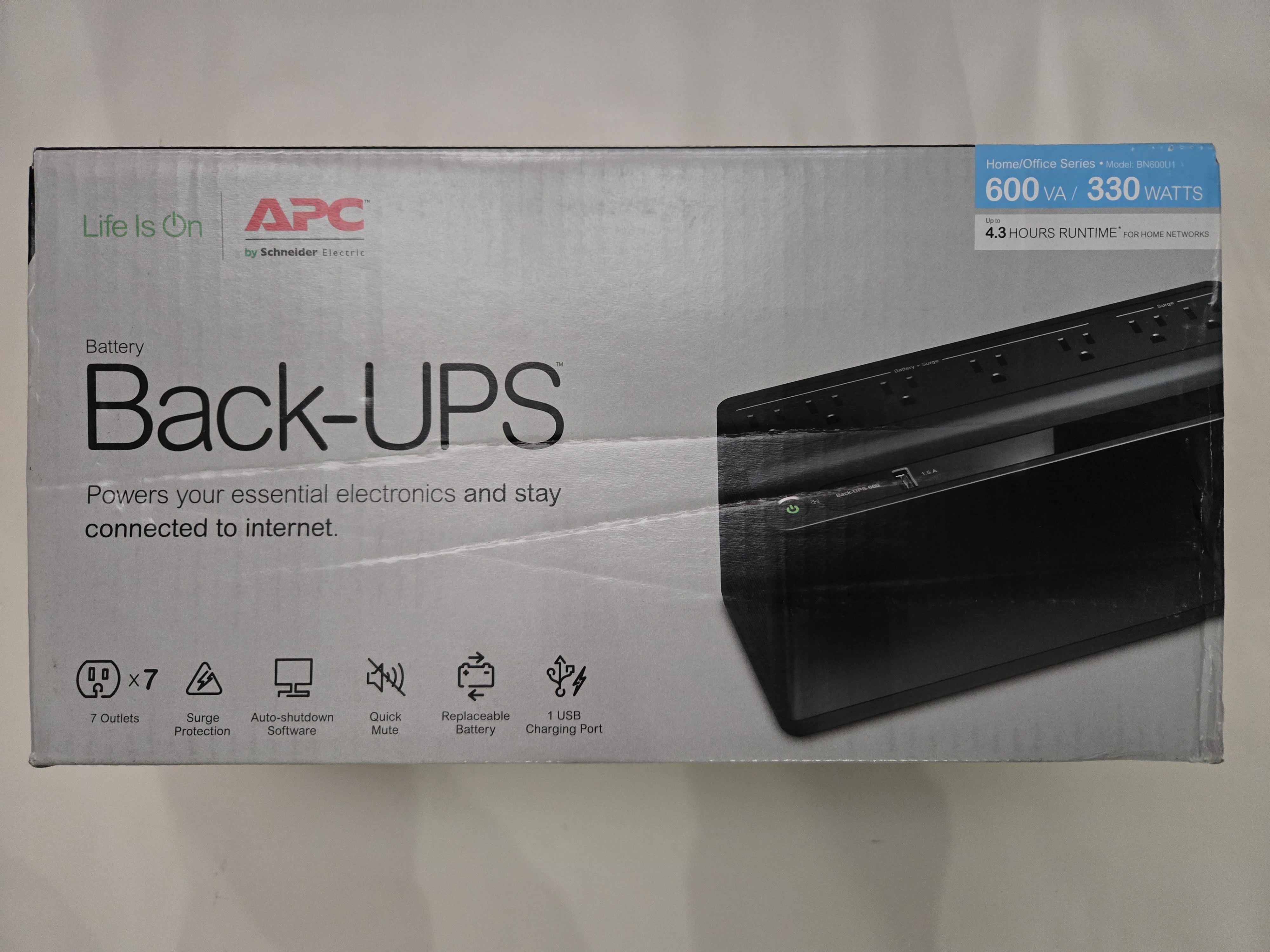 APC Back-UPS 600VA, 120V, 1 USB charging port, 7 NEMA outlets (2 surge)