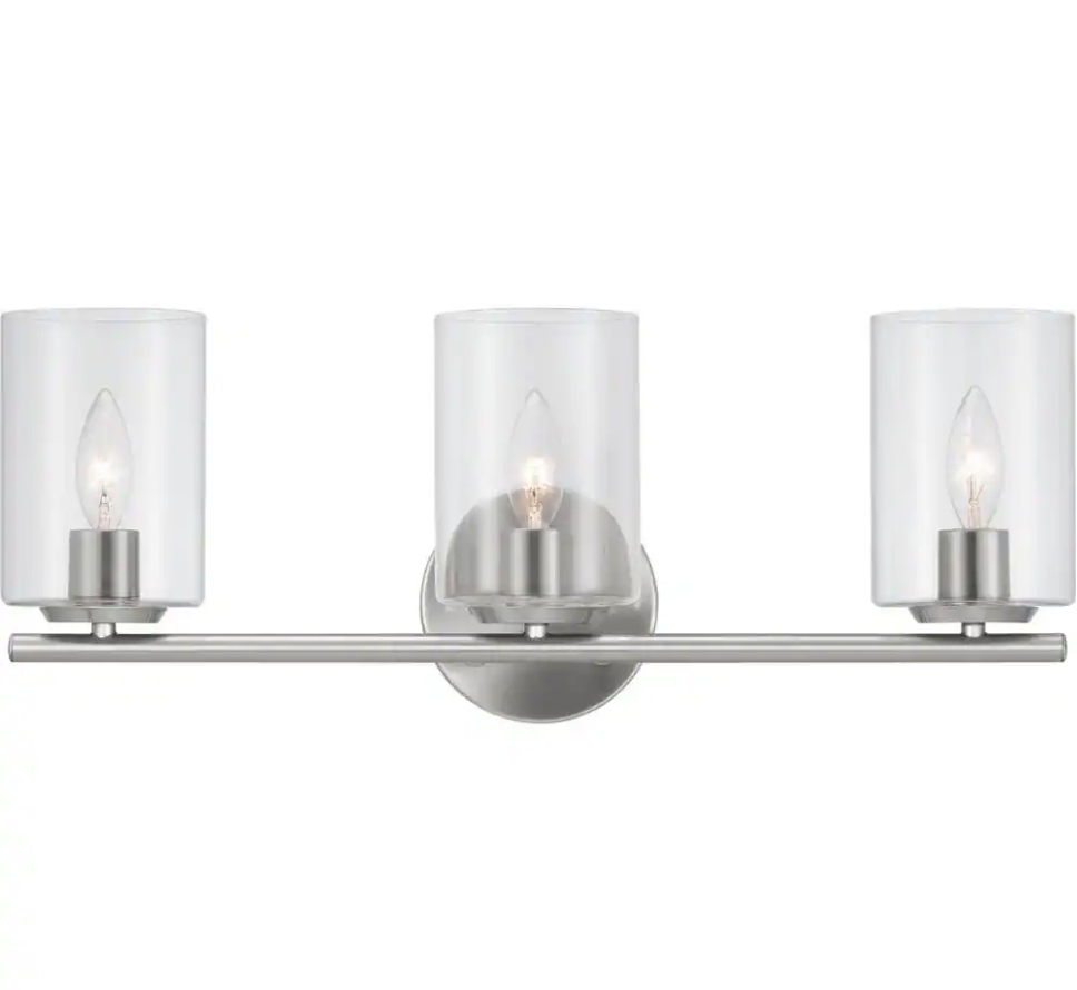 Hampton Bay Champlain 22.375 in. 3-Light Brushed Nickel Modern Bathroom Vanity Light with Clear Glass Shades