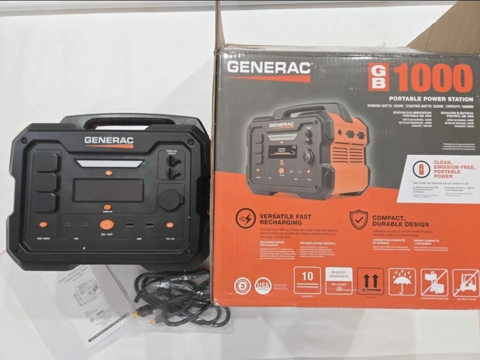 Generac 1600W Output / 3200 Peak 1086Wh Portable Battery Power Station with Push Button Start and Solar Charging - GB1000 