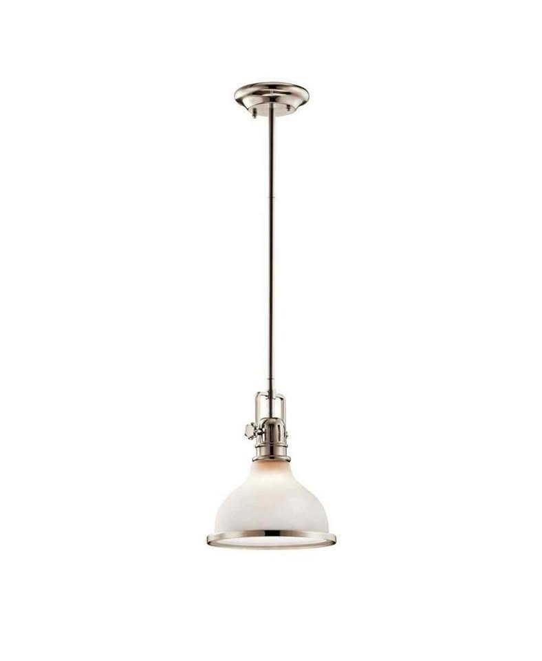 Hatteras Bay 1-Light Polished Nickel Vintage Industrial Shaded Kitchen Mini Pendant Hanging Light with Etched Glass