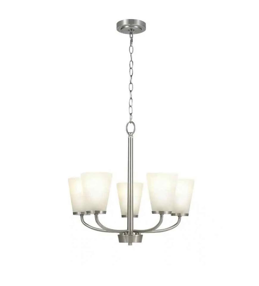 Hampton Bay Helena 21 in 5-Light Brushed Nickel Hanging Chandelier with Frosted Glass Shades for Dining Room